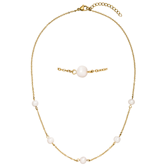 Collier Halskette Edelstahl goldfarben mit 5 Perlen 46 cm