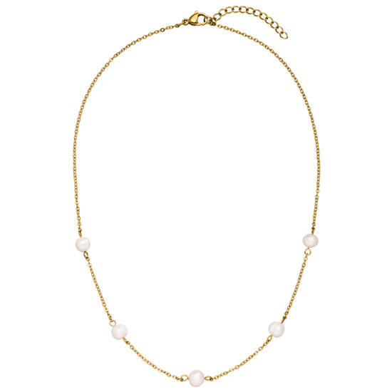 Collier Halskette Edelstahl goldfarben mit 5 Perlen 46 cm