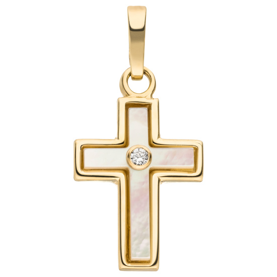 Anhänger Kreuz 375 Gelbgold 1 Diamant Brillant Perlmutt Einlage