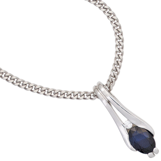 Anhänger 375 Weißgold 1 blauer Saphir 1 Diamant Brillant