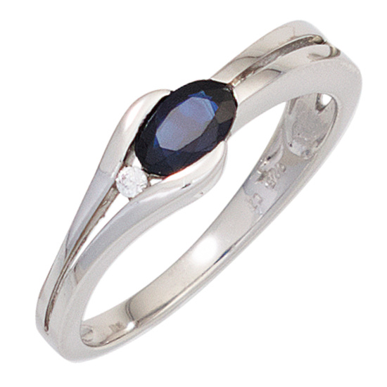 Damen Ring 375 Gold Weißgold 1 Saphir blau 1 Diamant Brillant