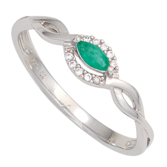 Damen Ring 375 Gold Weißgold 1 Smaragd grün 10 Diamanten Brillanten
