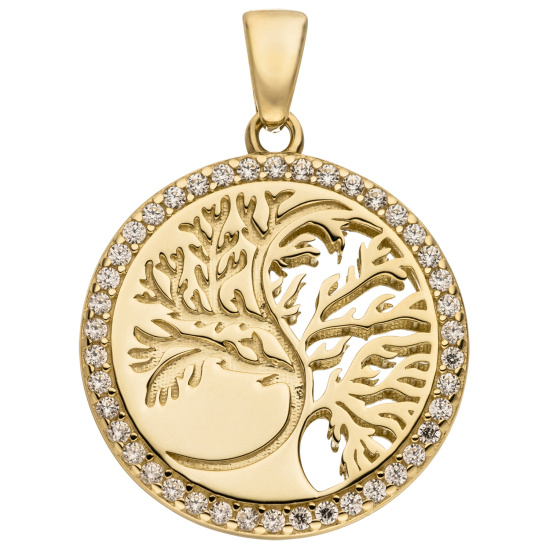 Anhänger Lebensbaum 333 Gold Gelbgold mattiert 42 Zirkonia Goldanhänger