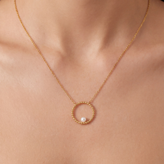 Collier Halskette mit Anhänger Edelstahl gelbgoldfarben mit Perle 50 cm