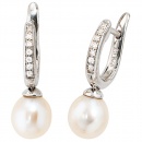 Creolen 925 Silber 2 Süßwasser Perlen 14 Zirkonia Ohrringe Perlenohrringe