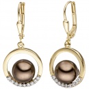 Ohrhänger 333 Gold Gelbgold bicolor mit dunklen Perlen und 18 Zirkonia Ohrringe