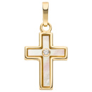 Anhänger Kreuz 375 Gelbgold 1 Diamant Brillant Perlmutt Einlage